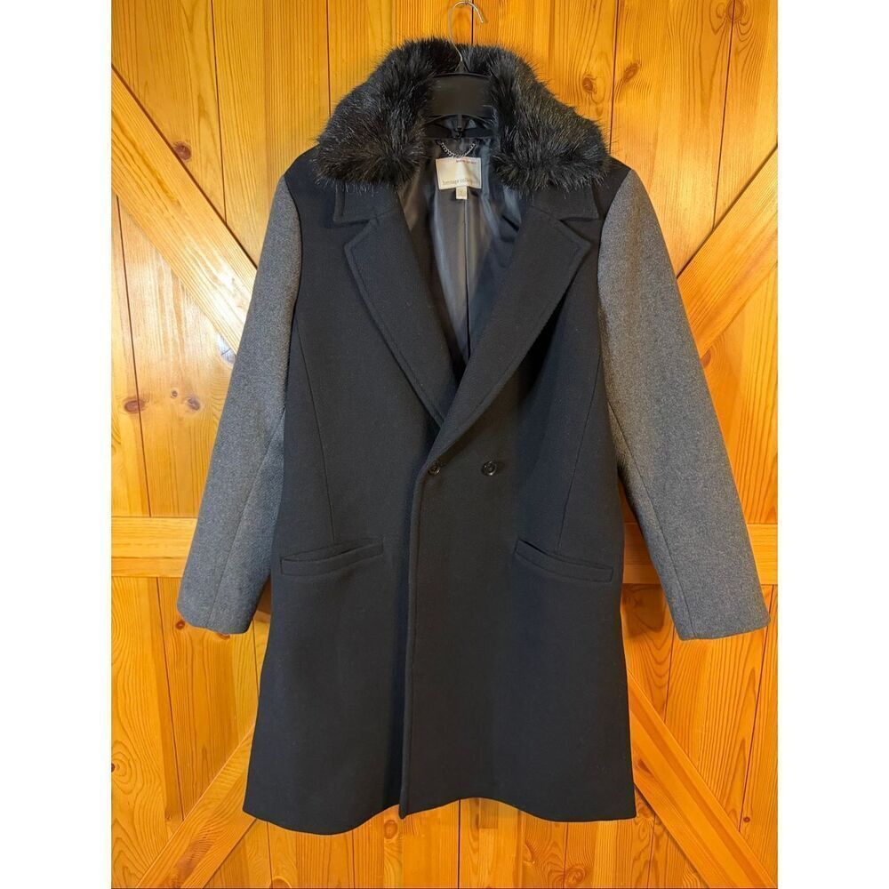 Banana Republic Black Gray Faux Fur Wool Peacoat Coat Jacket Size Large (6189)